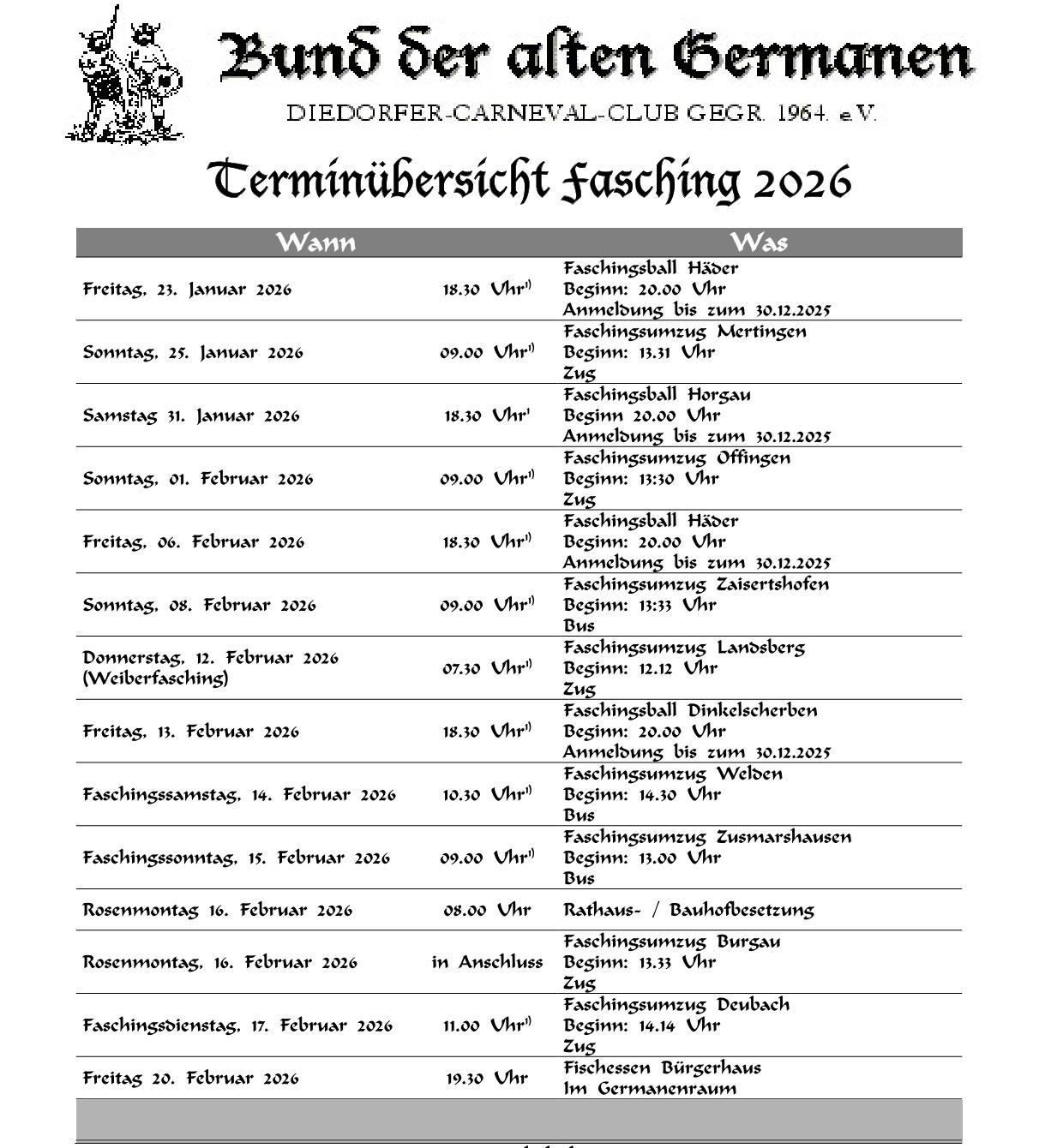 Terminliste Fasching 2026
